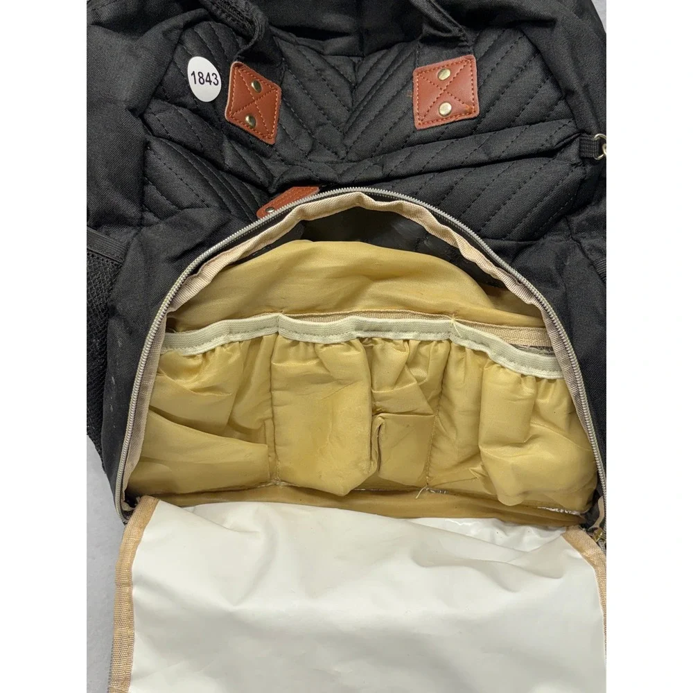 Black Quilted Diaper Bag Backpack with Brown Trim and Gold Hardware